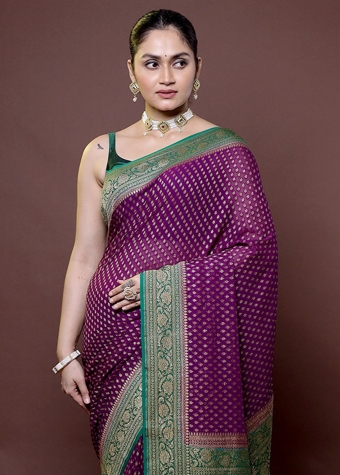 Purple Handloom Pure Georgette Saree With Blouse Piece