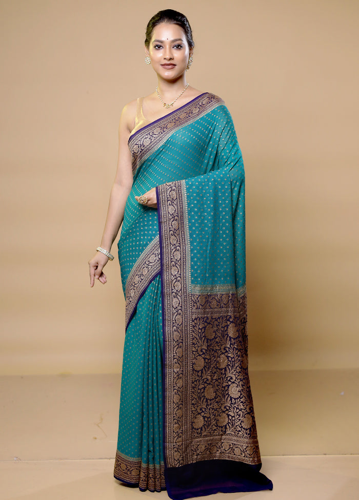 Green Handloom Pure Georgette Saree With Blouse Piece