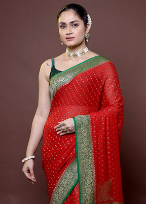 Red Handloom Pure Georgette Saree With Blouse Piece