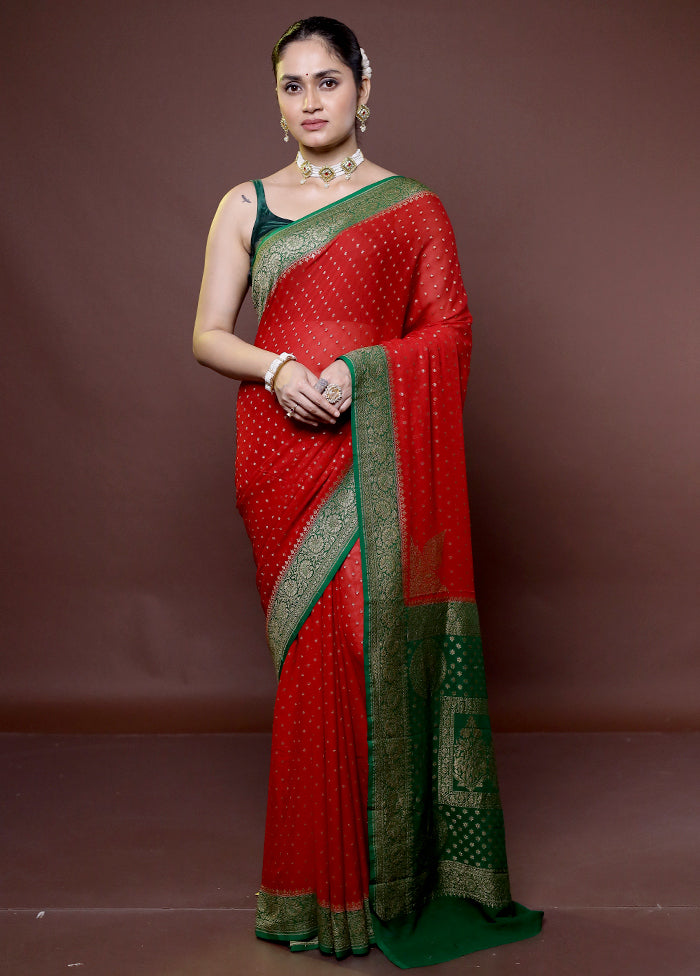 Red Handloom Pure Georgette Saree With Blouse Piece