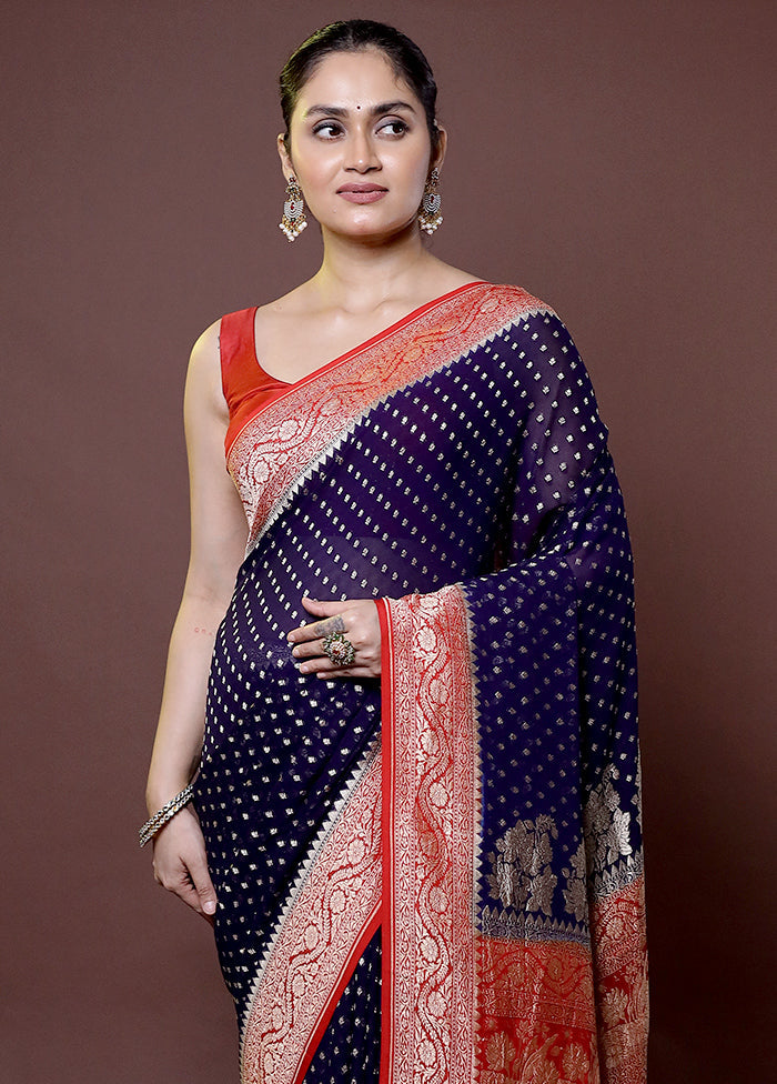 Blue Handloom Pure Georgette Saree With Blouse Piece