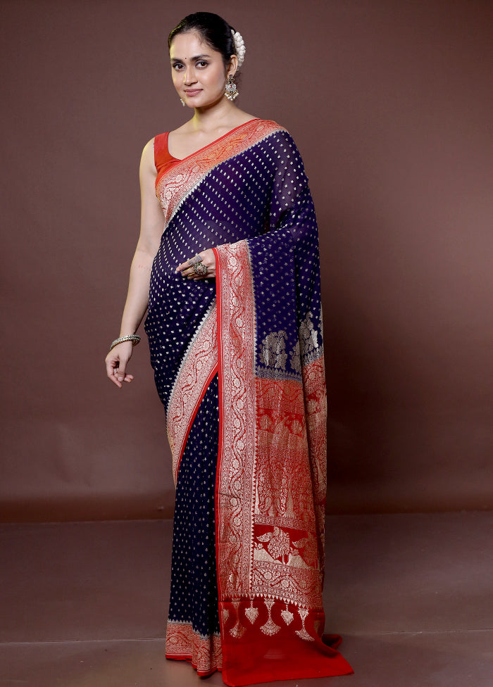 Blue Handloom Pure Georgette Saree With Blouse Piece