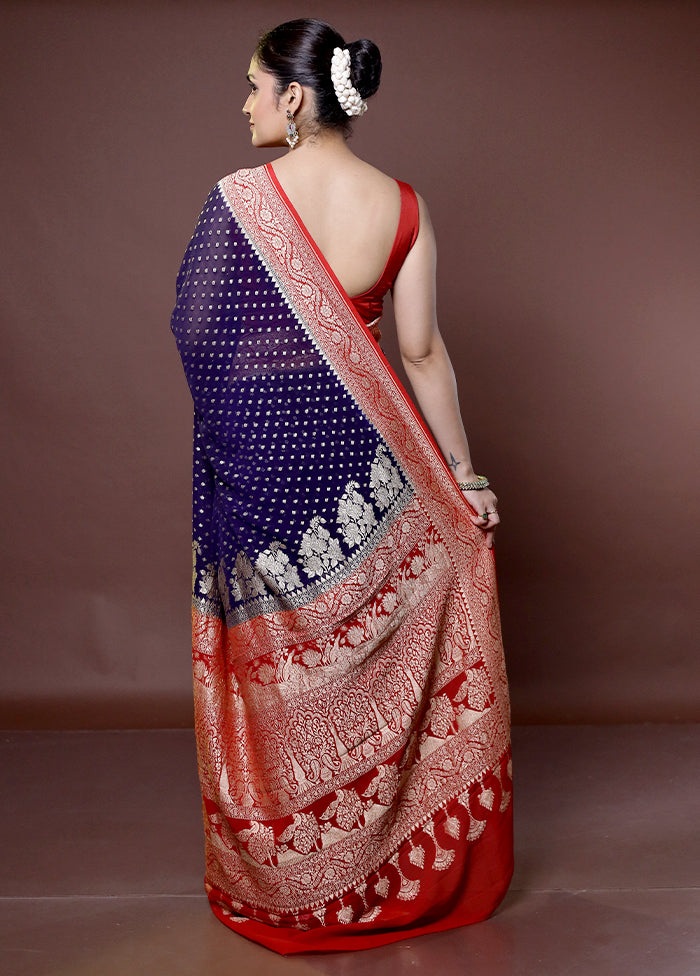 Blue Handloom Pure Georgette Saree With Blouse Piece