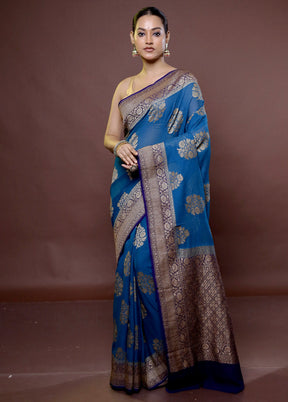 Blue Handloom Pure Georgette Saree With Blouse Piece