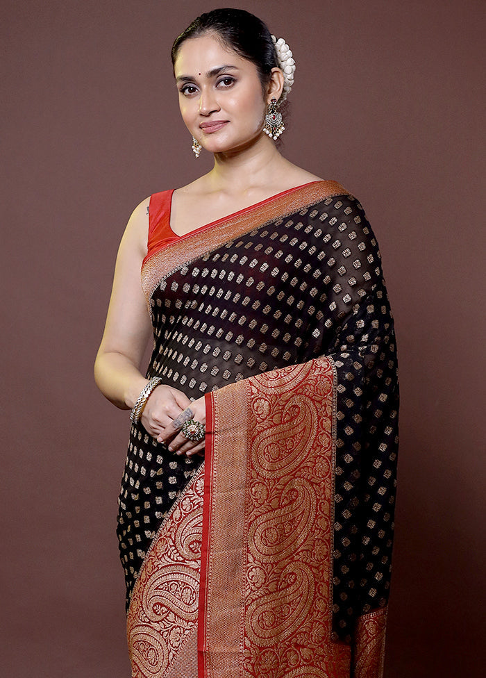 Black Handloom Pure Georgette Saree With Blouse Piece