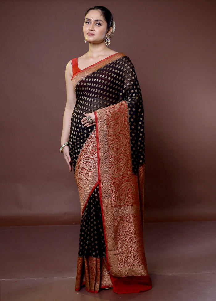 Black Handloom Pure Georgette Saree With Blouse Piece