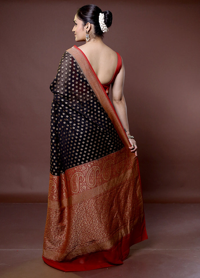 Black Handloom Pure Georgette Saree With Blouse Piece