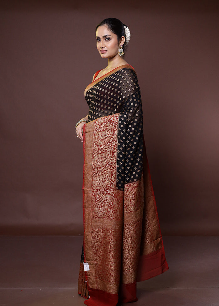 Black Handloom Pure Georgette Saree With Blouse Piece