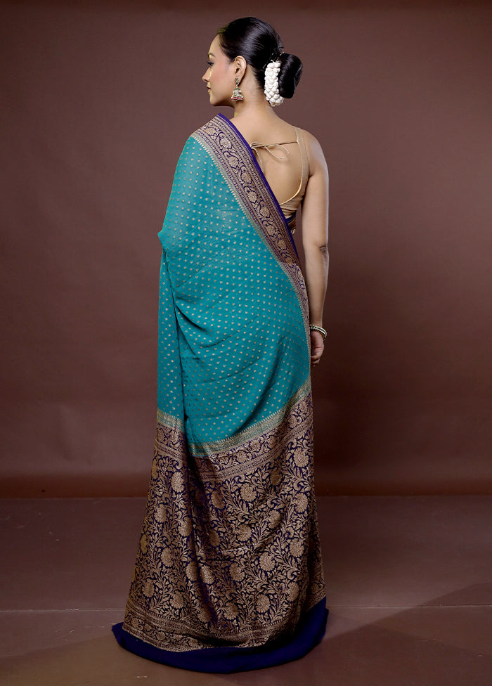 Green Handloom Pure Georgette Saree With Blouse Piece