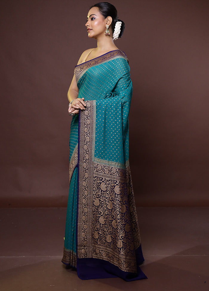 Green Handloom Pure Georgette Saree With Blouse Piece