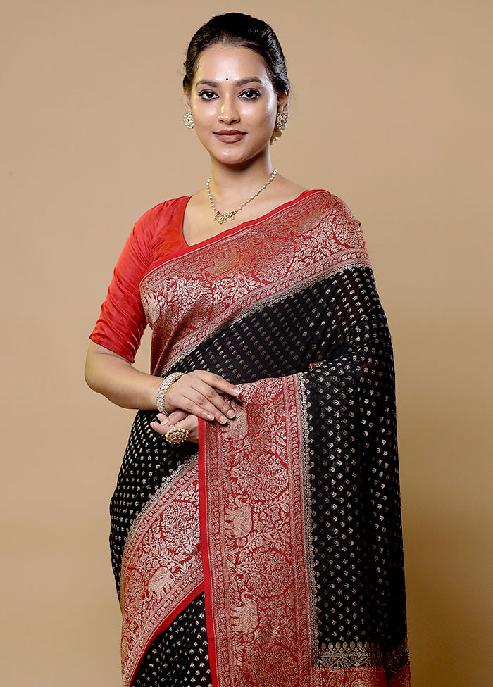 Black Handloom Pure Georgette Saree With Blouse Piece