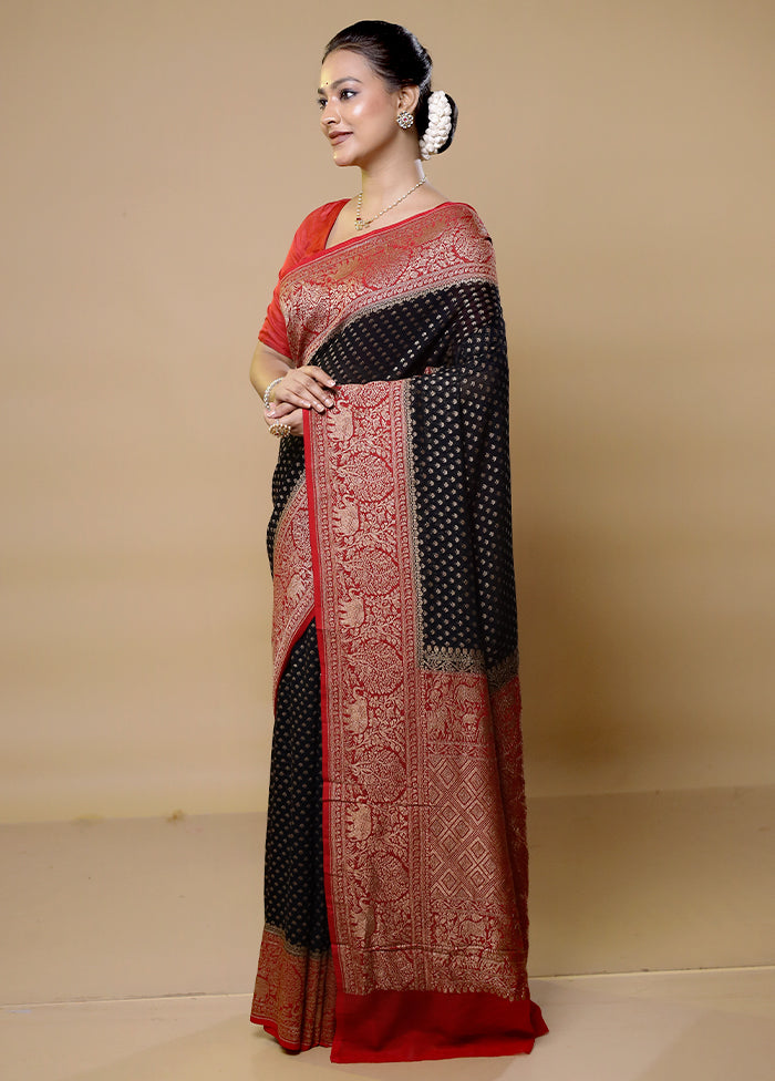 Black Handloom Pure Georgette Saree With Blouse Piece