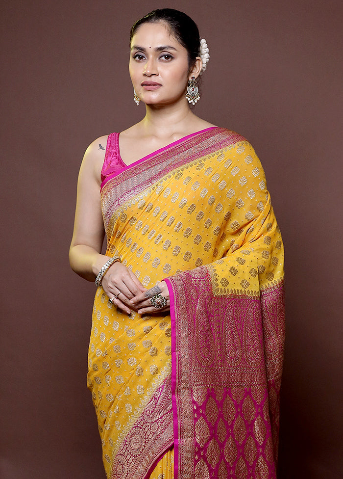 Yellow Handloom Pure Georgette Saree With Blouse Piece