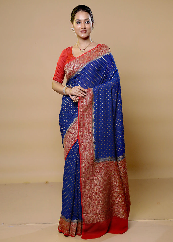 Blue Handloom Pure Georgette Saree With Blouse Piece