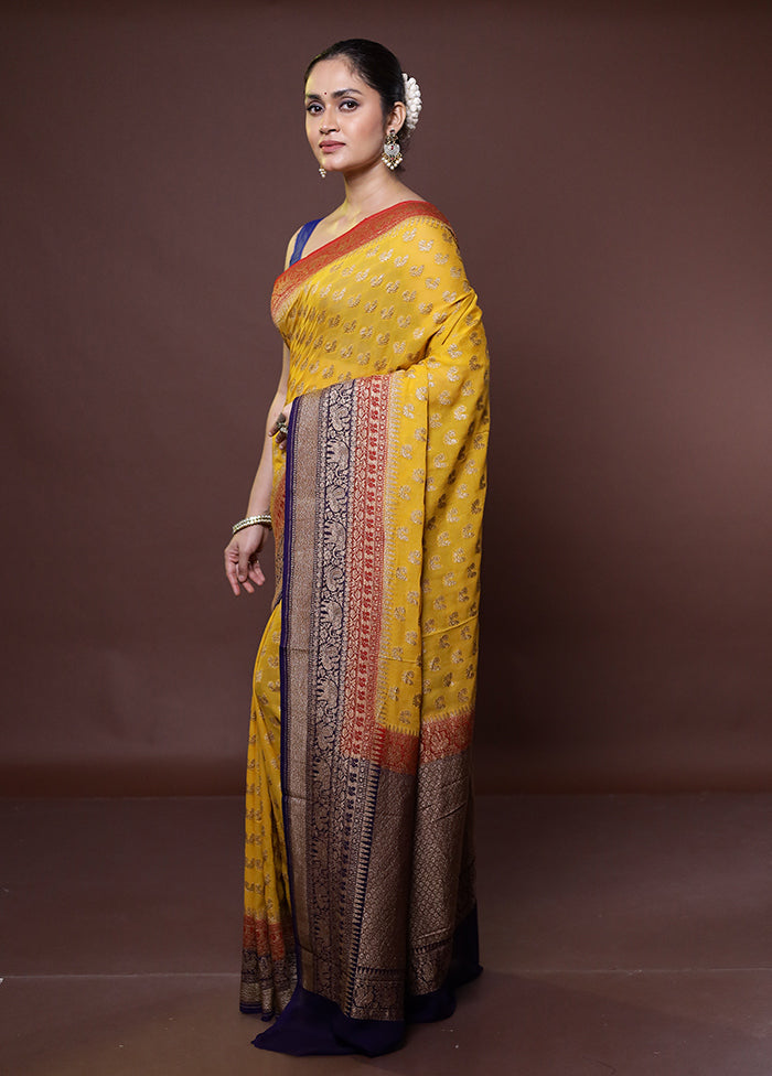 Yellow Handloom Pure Georgette Saree With Blouse Piece