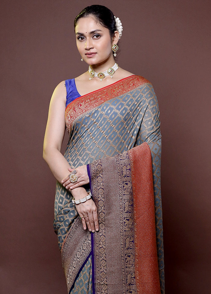 Grey Handloom Pure Georgette Saree With Blouse Piece