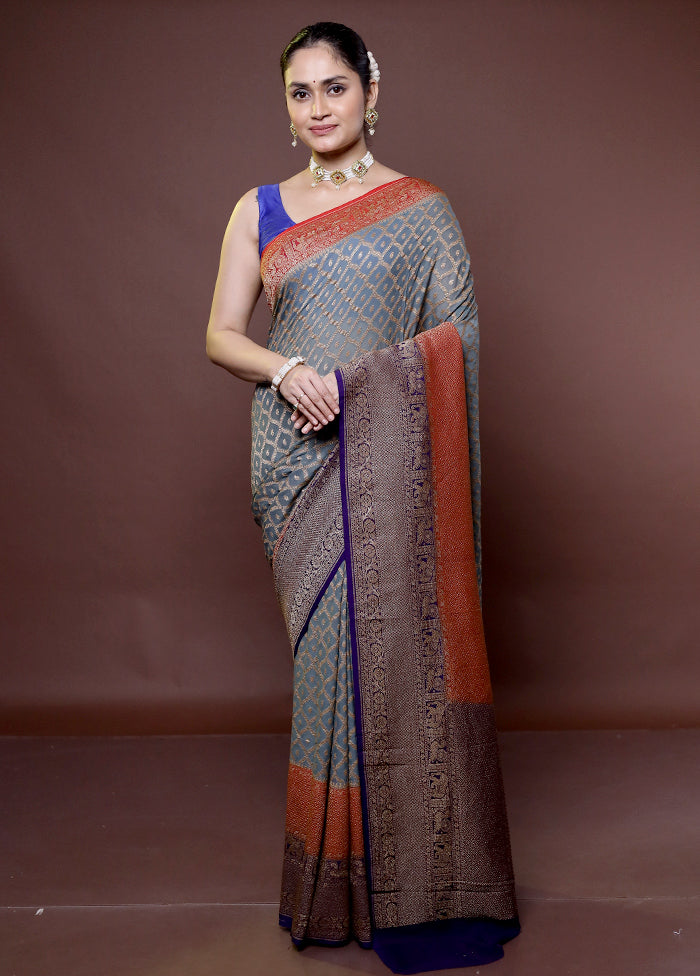 Grey Handloom Pure Georgette Saree With Blouse Piece