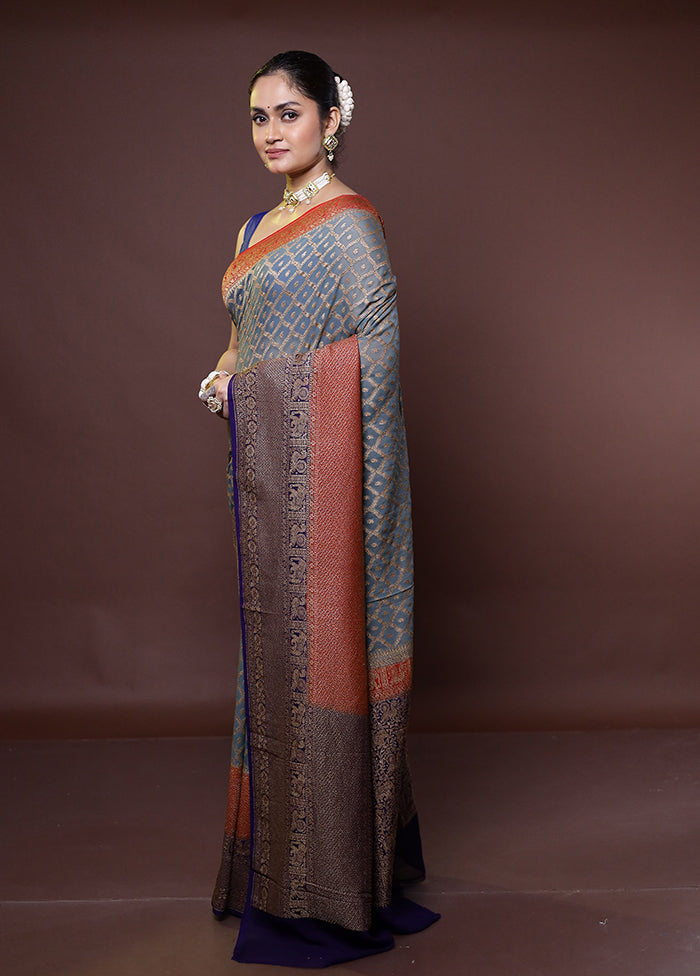 Grey Handloom Pure Georgette Saree With Blouse Piece