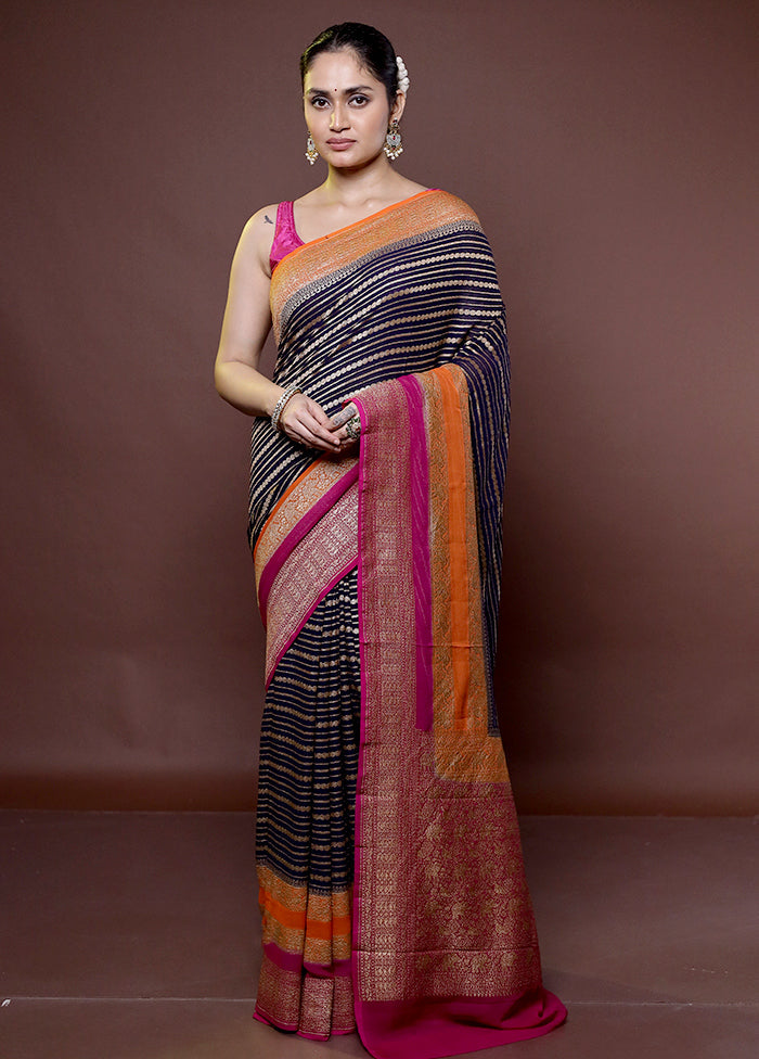 Blue Handloom Pure Georgette Saree With Blouse Piece