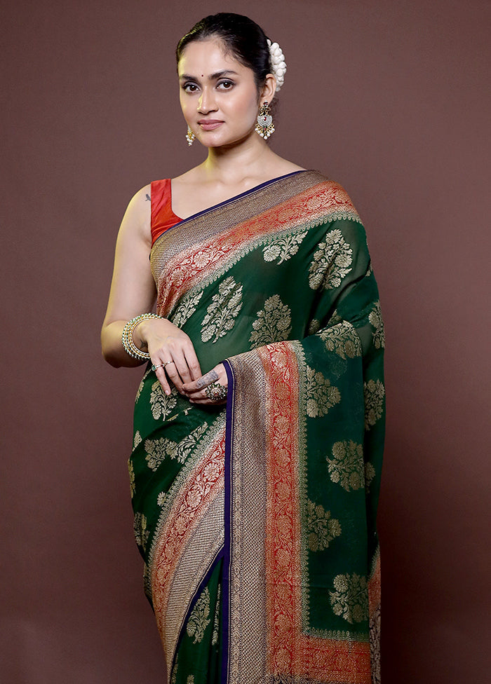 Green Handloom Pure Georgette Saree With Blouse Piece