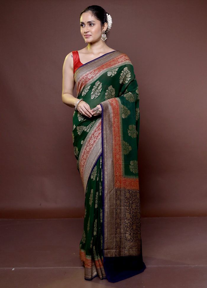 Green Handloom Pure Georgette Saree With Blouse Piece