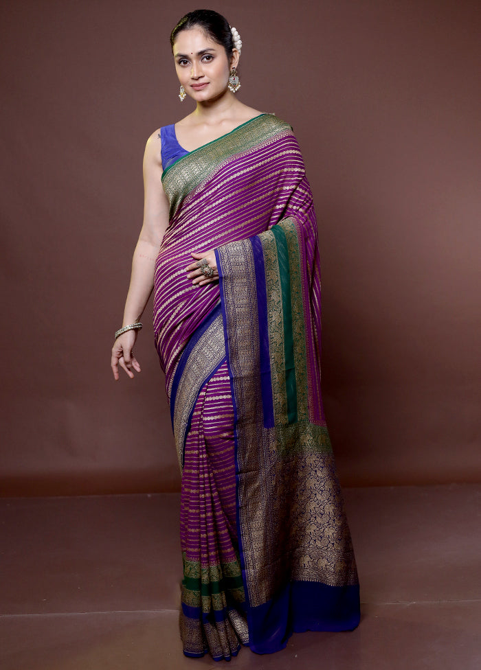 Purple Handloom Pure Georgette Saree With Blouse Piece