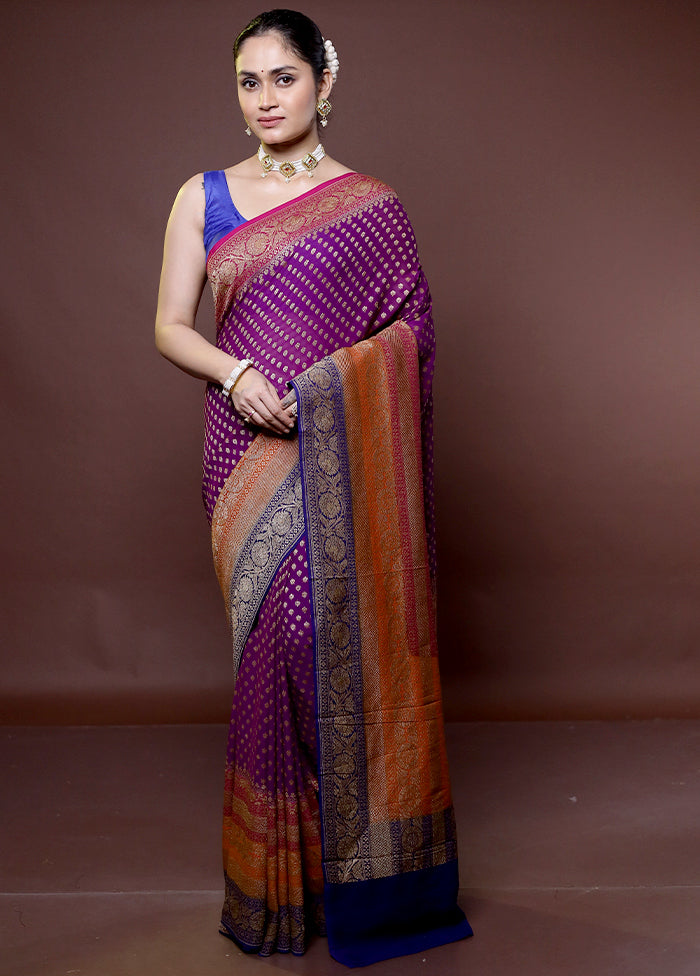 Purple Handloom Pure Georgette Saree With Blouse Piece