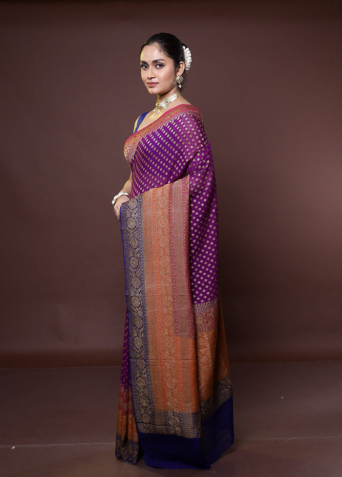 Purple Handloom Pure Georgette Saree With Blouse Piece