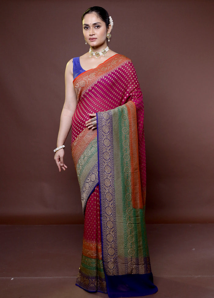 Pink Handloom Pure Georgette Saree With Blouse Piece