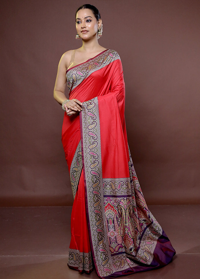 Red Handloom Banarasi Pure Silk Saree With Blouse Piece