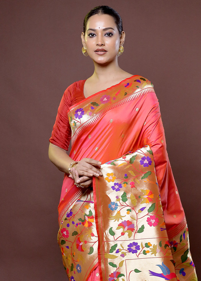 Peach Handloom Kanjivaram Pure Silk Saree With Blouse Piece