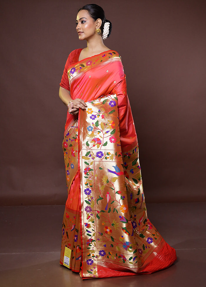 Peach Handloom Kanjivaram Pure Silk Saree With Blouse Piece