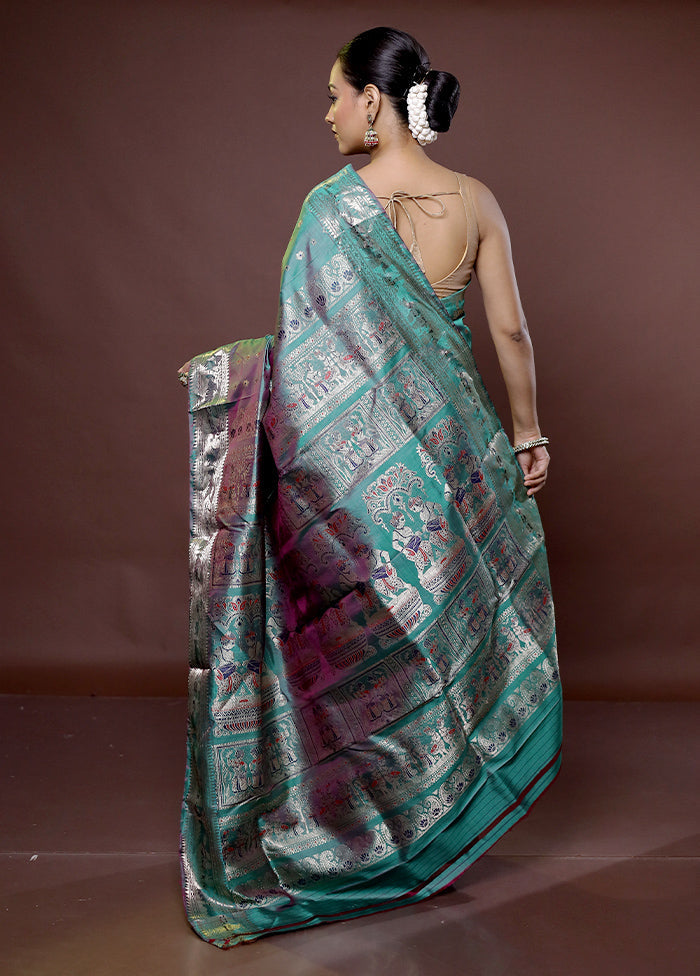 Green Handloom Baluchari Pure Silk Saree With Blouse Piece