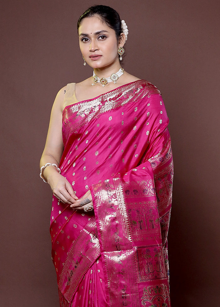 Pink Handloom Baluchari Pure Silk Saree With Blouse Piece