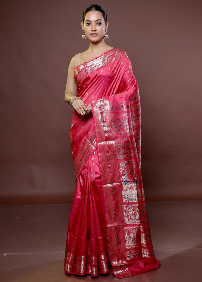 Pink Handloom Baluchari Pure Silk Saree With Blouse Piece