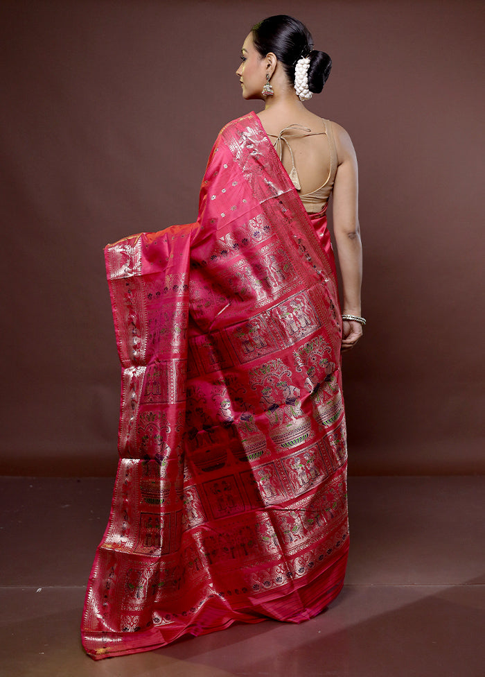 Pink Handloom Baluchari Pure Silk Saree With Blouse Piece