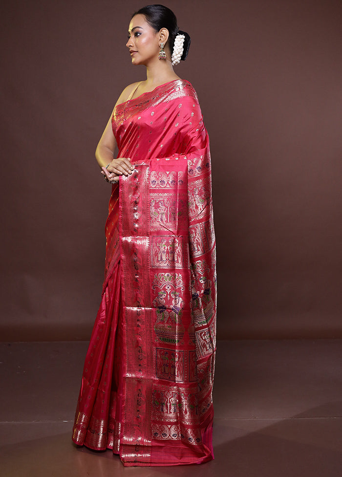 Pink Handloom Baluchari Pure Silk Saree With Blouse Piece