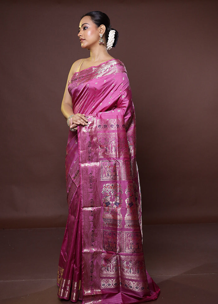 Purple Handloom Baluchari Pure Silk Saree With Blouse Piece