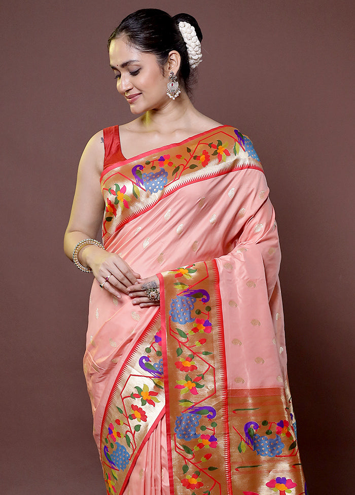 Peach Kanjivaram Silk Saree With Blouse Piece