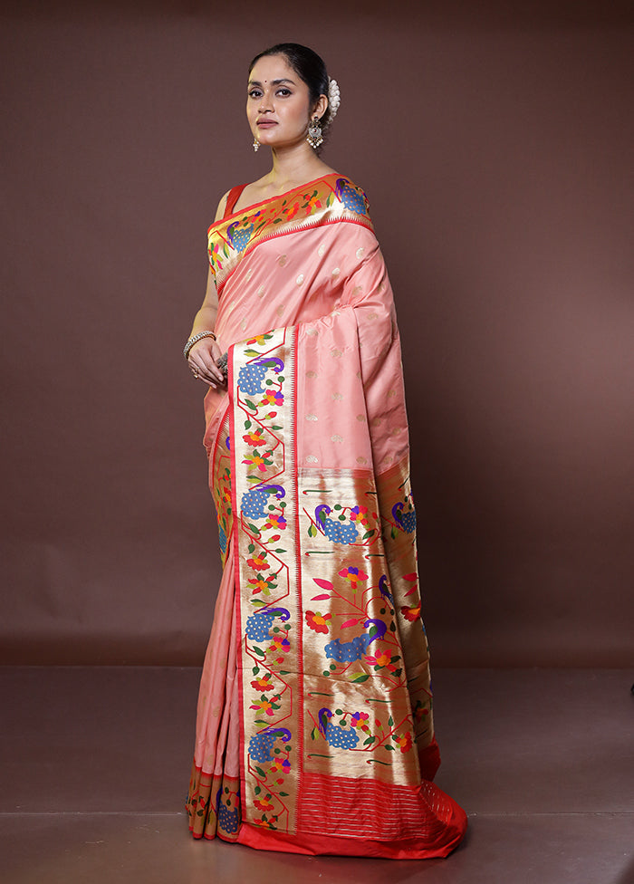 Peach Kanjivaram Silk Saree With Blouse Piece