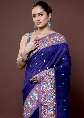 Blue Tussar Silk Saree With Blouse Piece