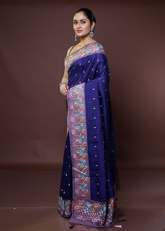 Blue Tussar Silk Saree With Blouse Piece