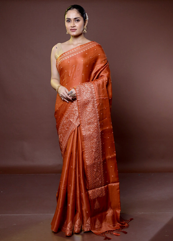 Rust Tussar Silk Saree With Blouse Piece