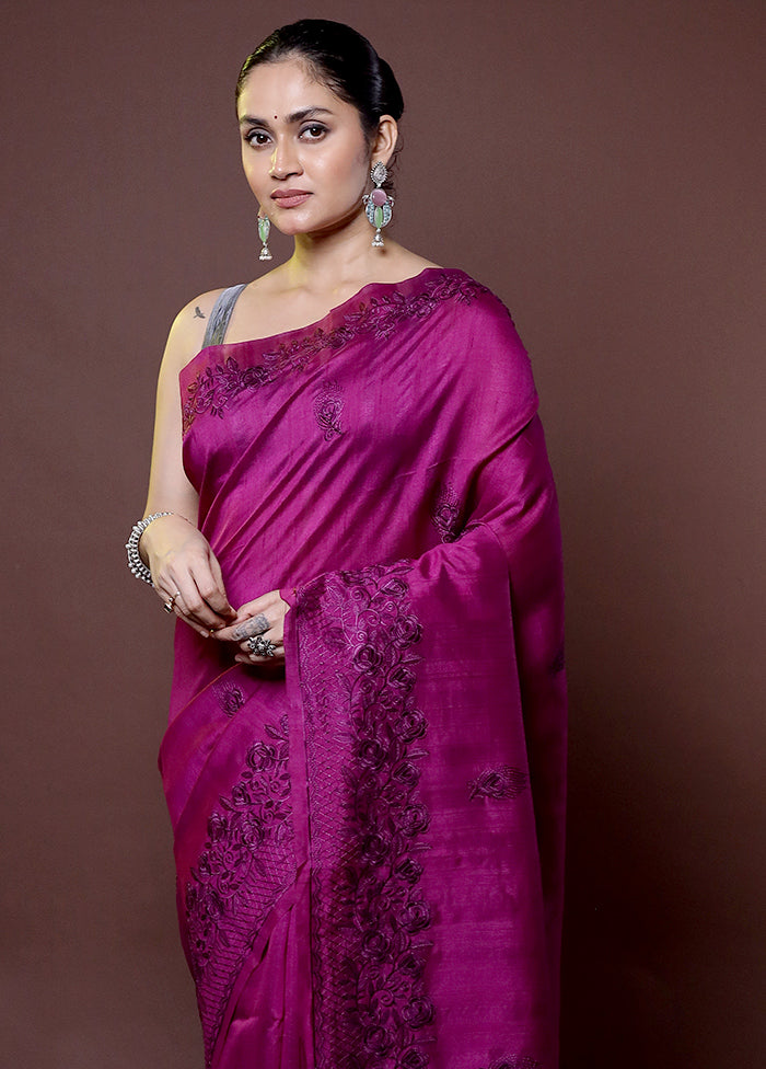 Purple Tussar Silk Saree With Blouse Piece