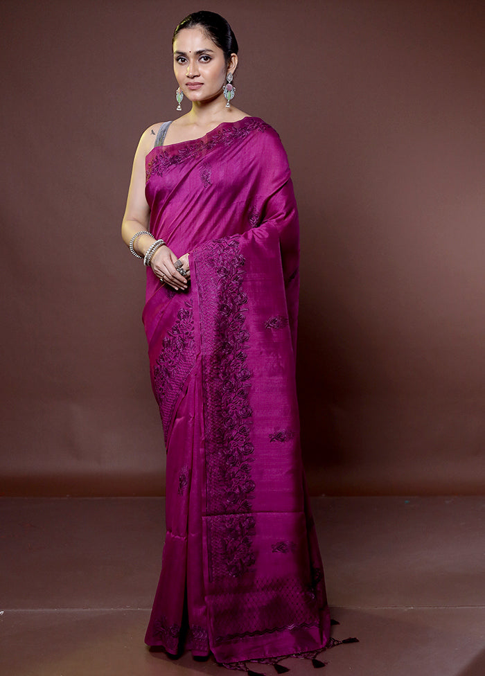 Purple Tussar Silk Saree With Blouse Piece