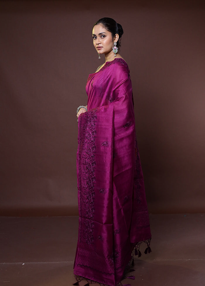 Purple Tussar Silk Saree With Blouse Piece