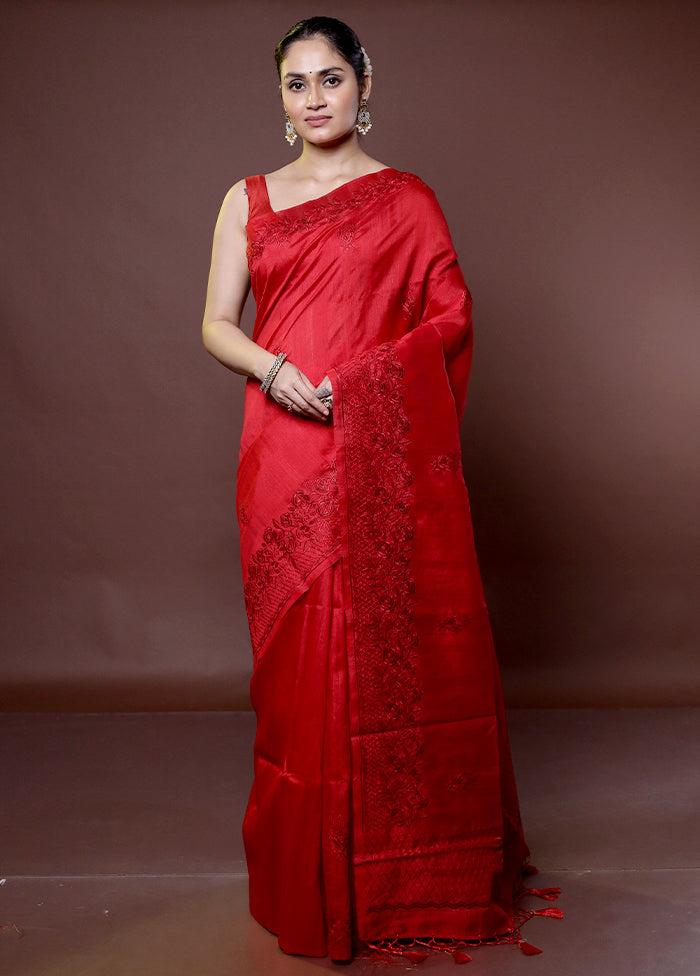 Red Tussar Silk Saree With Blouse Piece