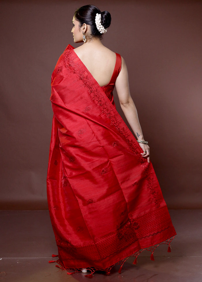 Red Tussar Silk Saree With Blouse Piece