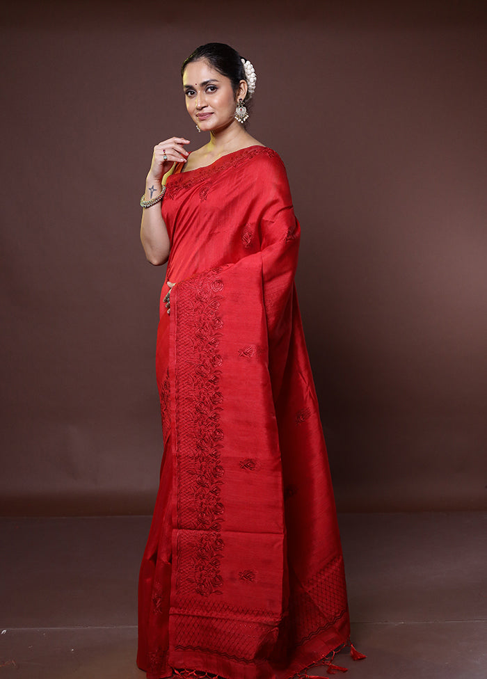 Red Tussar Silk Saree With Blouse Piece