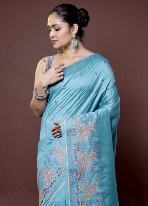 Blue Tussar Silk Saree With Blouse Piece